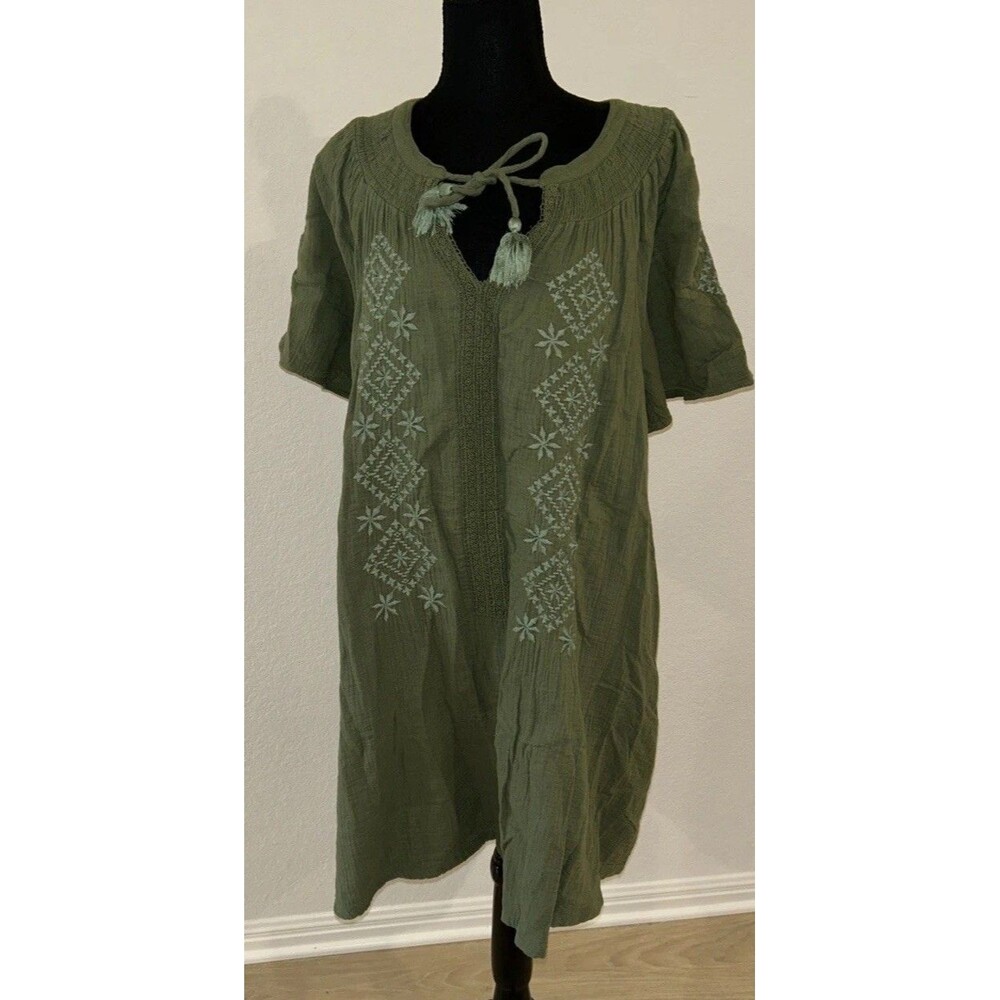 Lucky Brand XL Olive Green Embroidered Boho Peasant Mini Dress Cotton Tassel